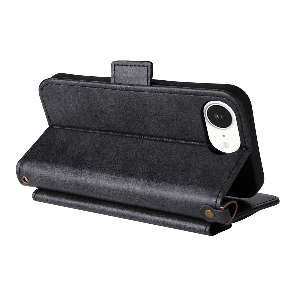 For iPhone 16e Leather Case Magnetic Closure Wallet Stand Phone Cover with Crossbody Strap