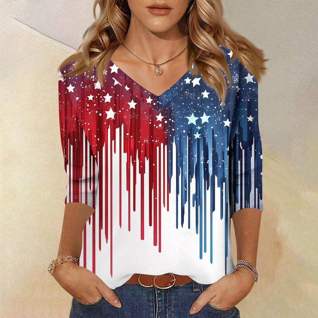 Women's Tops Three-quarter Sleeve Shirt V-neck Loose Casual Shirt Floral Print T-shirt