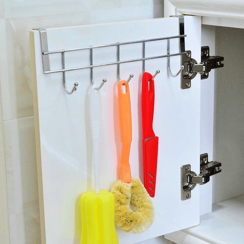 Stainless Steel Over-Door Five-Hook Rack for Kitchen Cabinets - Punch-Free Towel and Clothes Holder.