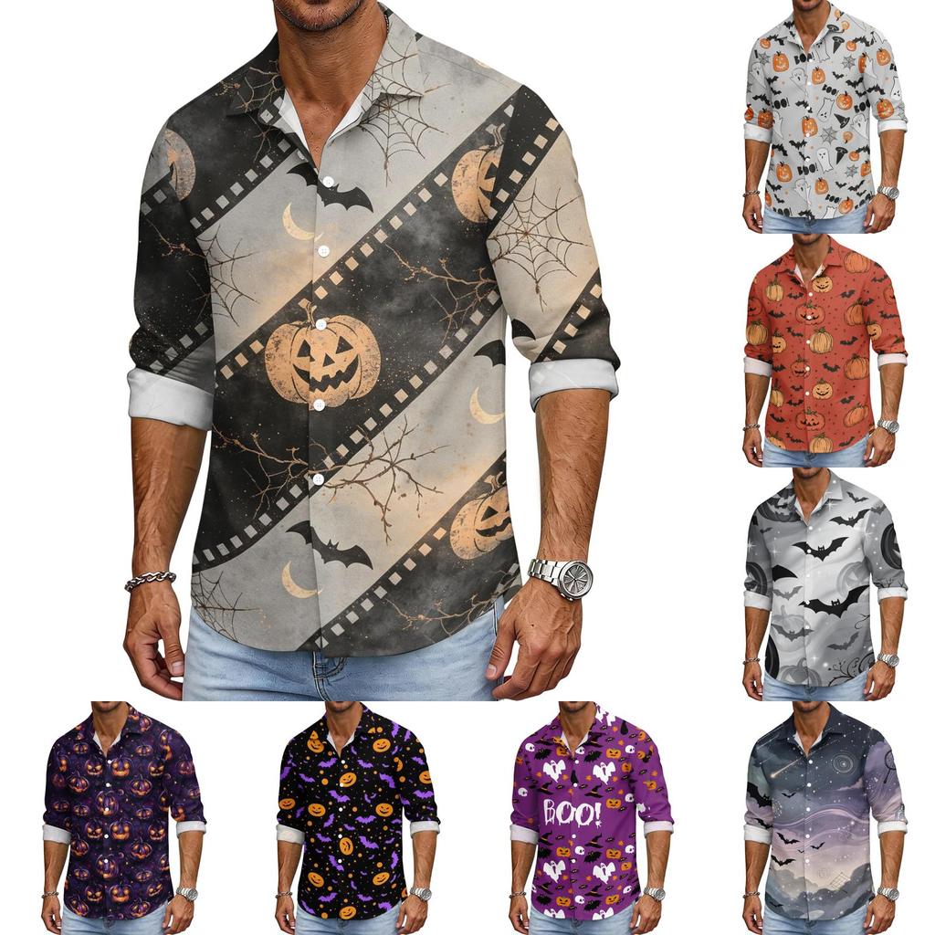 Men's Casual Long Sleeve Halloween Print Button Down Shirt Relaxed Fit Lightweight Breathable Fabric Comfortable Daily Wear