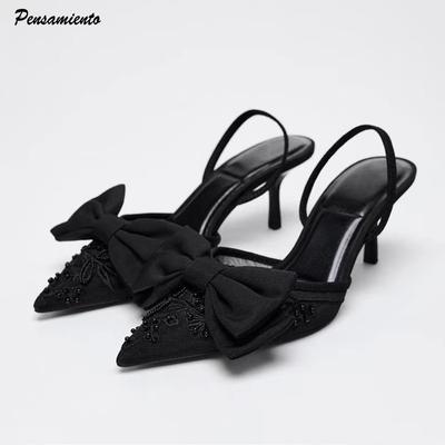 Fashion Ins Style Fashion Black Pearls Embroidery Lace Mesh Women Pumps Summer Bowknot Slingbacks Thin High Heels Party Lady Mules Shoes