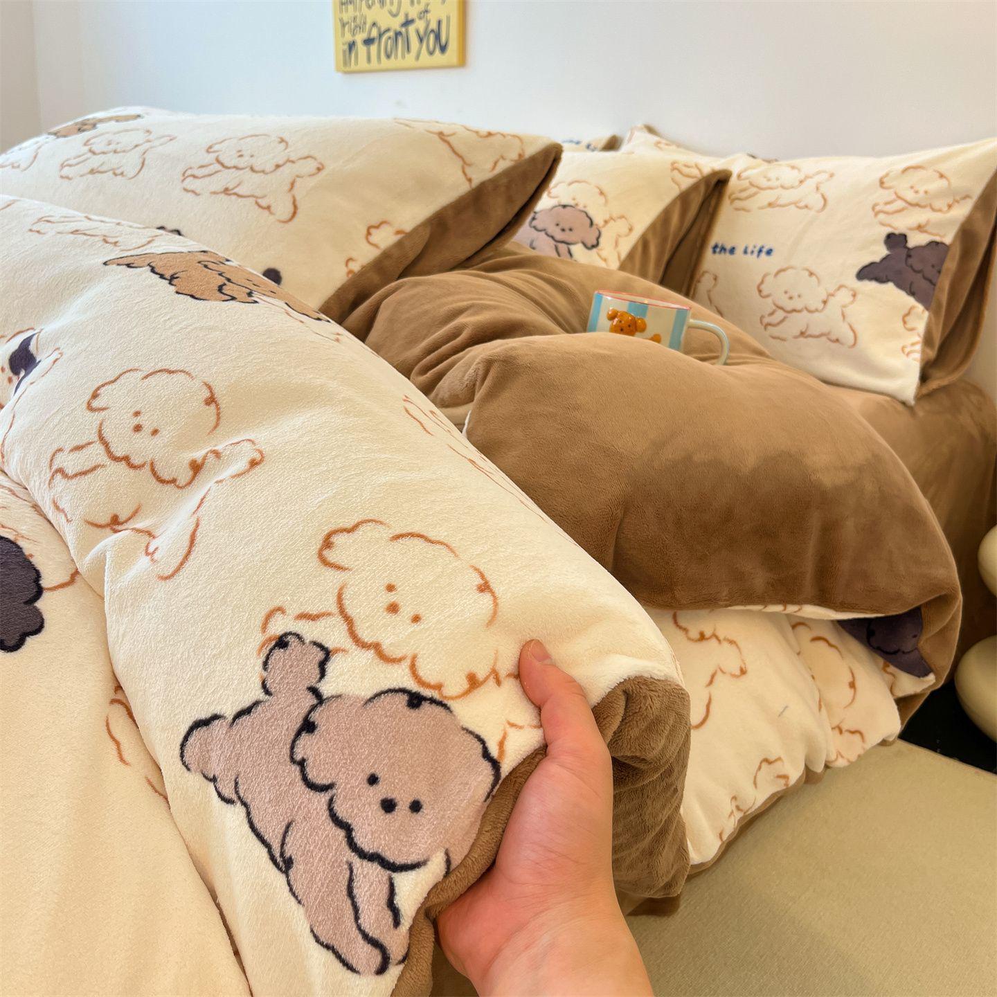 

G5Z Milk Velvet Thick Baby Bedding Set: 4-Piece Set with Fitted Sheet and Duvet Cover Flat Sheet 1.2m Bed Set 3-Piece (Duvet 150x200cm)