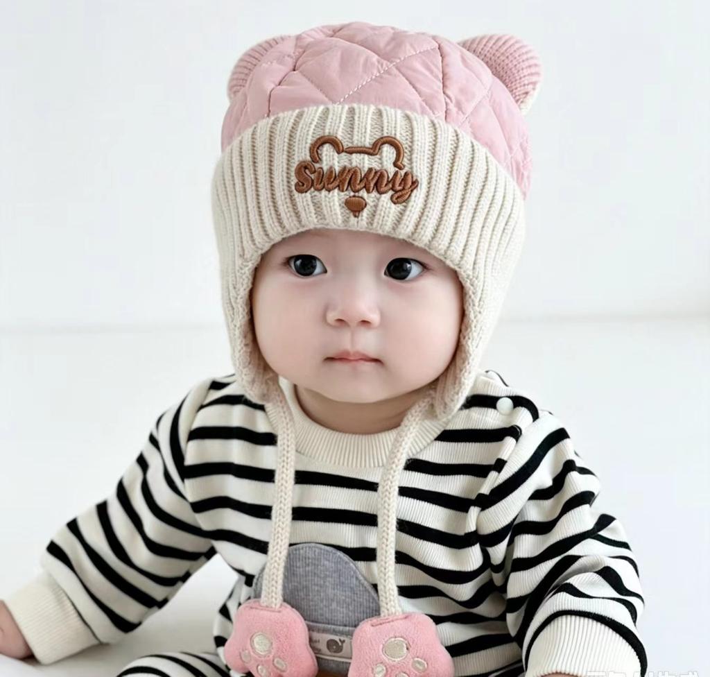 Children's striped hat and scarf integrated autumn and winter elf pointed hairball ear hat, windproof and warm for boys and girls