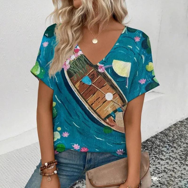 Летняя удобная женская футболка с модным западным узором пустыни и принтом для отдыха — фото 10