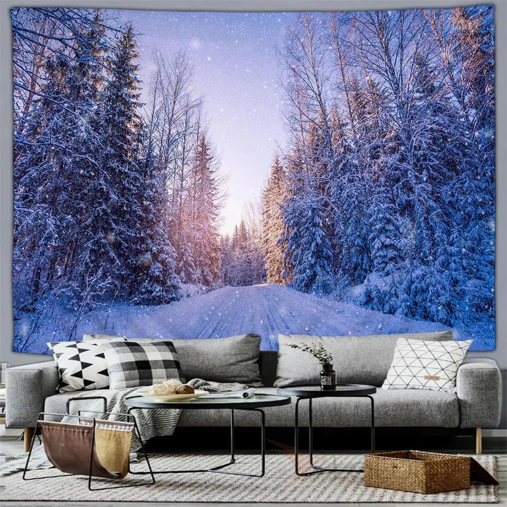 Winter Forest Snow Scene Tapestry Wall Hanging Christmas Tree Happy New Year Bedroom Living Room Home Decoration