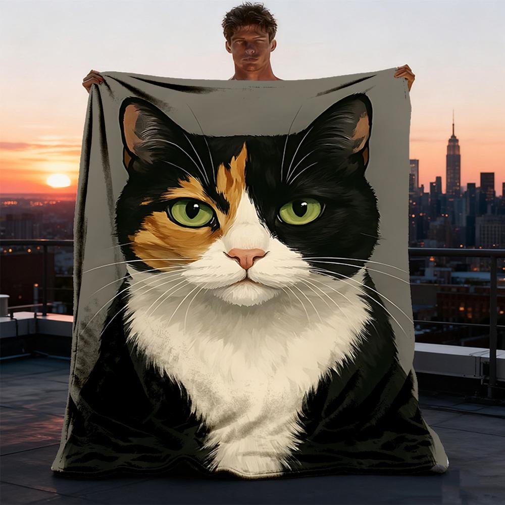 1pc Calico Cat Outdoor Flannel Blanket Soft All Season Polyester Throw , Perfect for Picnics & Travel , Picnic Accessory