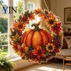 Party Decoration Accessory Fall Pumpkin Sunflower Wreath Hanging Decor, Acrylic Hand Painted Festive Window Ornament, Thanksgiving Halloween