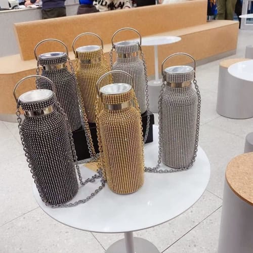Farigrut Diamond Water Thermos, Bling Rhinestone Stainless Steel Thermal Bottle, Stainless Steel Insulated, Sparkling Diamond with Chain for Women (Bl