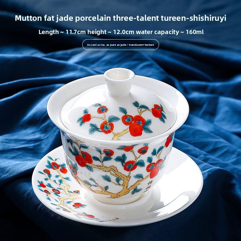 Suet jade white porcelain three talents cover bowl Qinglong pattern anti-scalding Kung Fu tea set household large tea bowl