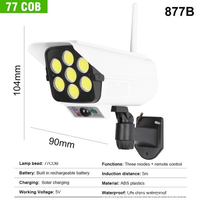 

Солнечный свет, датчик движения, манекен безопасности, камера, прожектор, беспроводной уличный IP65, водонепроницаемая 77 светодиодная лампа, 3 режима, солнечный настенный светильник