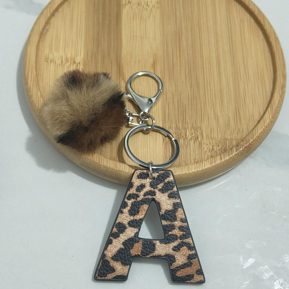 PU Leather Leopard Print Keychain with Plush Ball - Retro Style