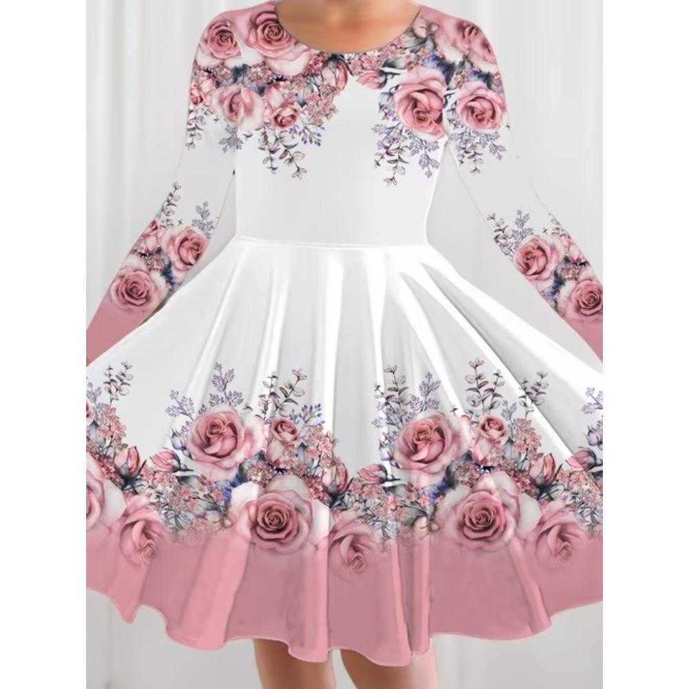 Vestido Casual para Niña con Estampado de Flores 3D, Cuello Redondo y Mangas Largas, Vestido de Princesa para Niña