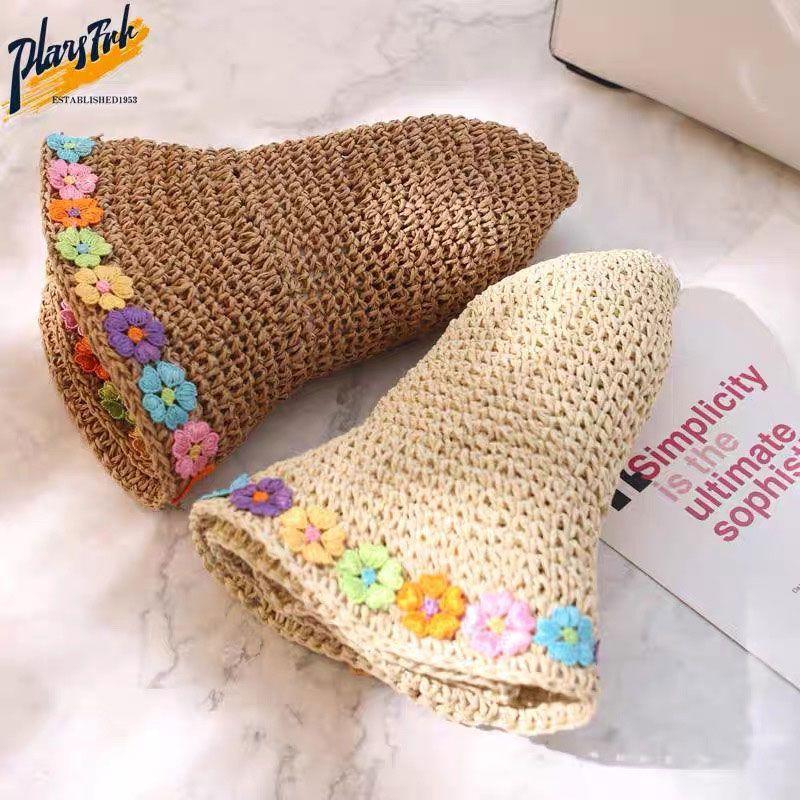 1pc Women Summer Sun Hat Straw Women Bucket Hat with Flowers Lady Summer Hat Wave Brim Bucket Cap Female Straw Hats Beach Panama