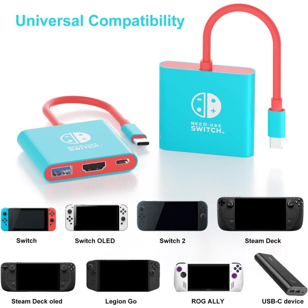 Portable TV Dock Station for Switch/Switch 2/Steam Deck/ROG Ally/Legion GO, 3-in-1 Switch 2 Travel Dock with HDMI 4K@60Hz, USB 3.0 100W PD Port