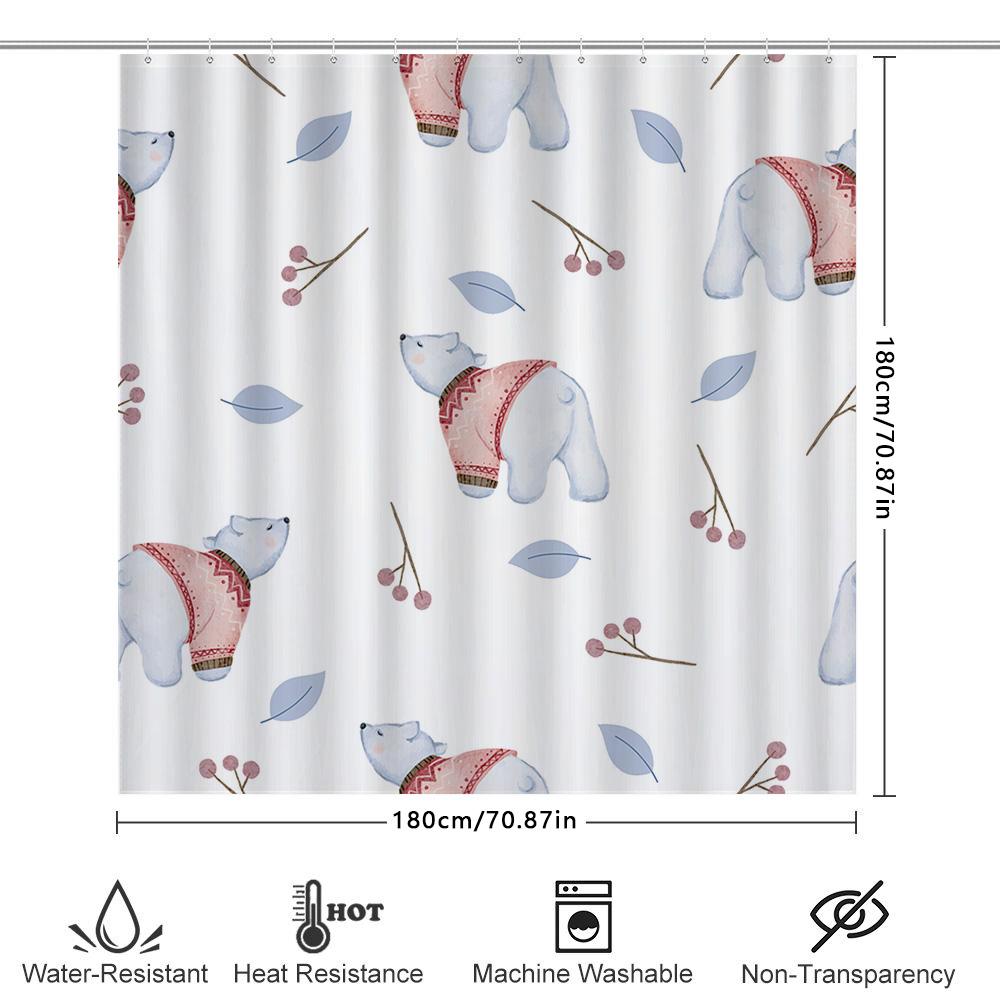 Winter-Themed Shower Curtain Featuring Cute Polar Bears Wearing Cozy Sweaters With Red Berries Leaves Design For Bathroom Decora