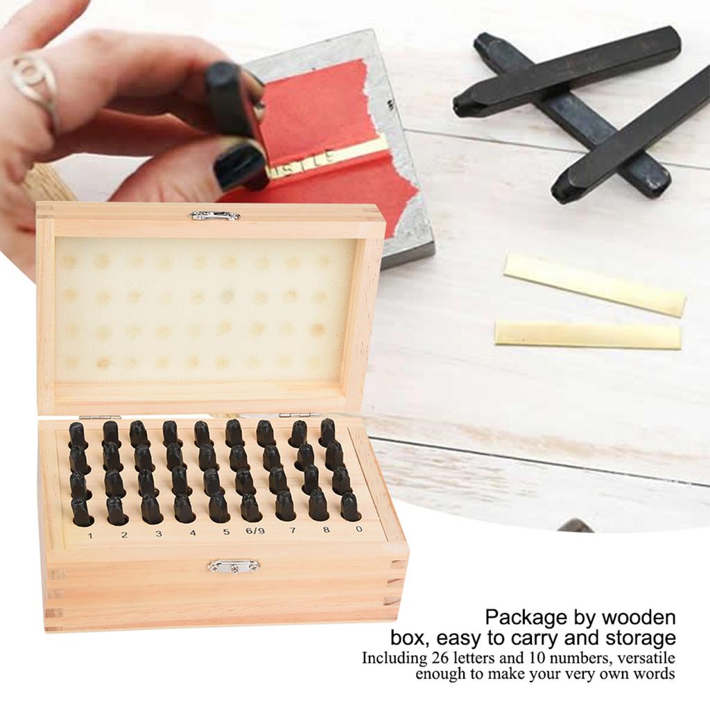 36PCS 5mm Steel Letter & Number Punch Set Alphabet Stamp Die Wooden Box Case
