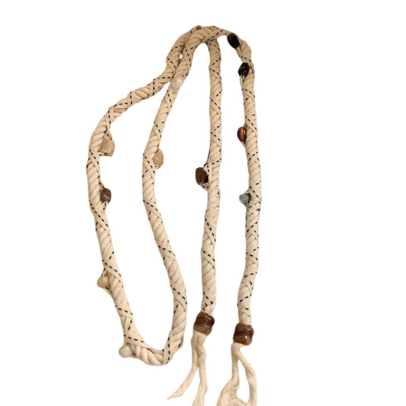 

Ремешок-пояс из плетёного шнура ручной работы с декоративными бусинами. Унисекс. Модный аксессуар для повседневной носки. 1 бежевый