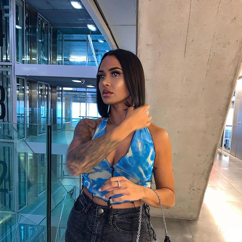 JH5821 European & American Sexy Lace-Up Spaghetti Strap Print Top for Women