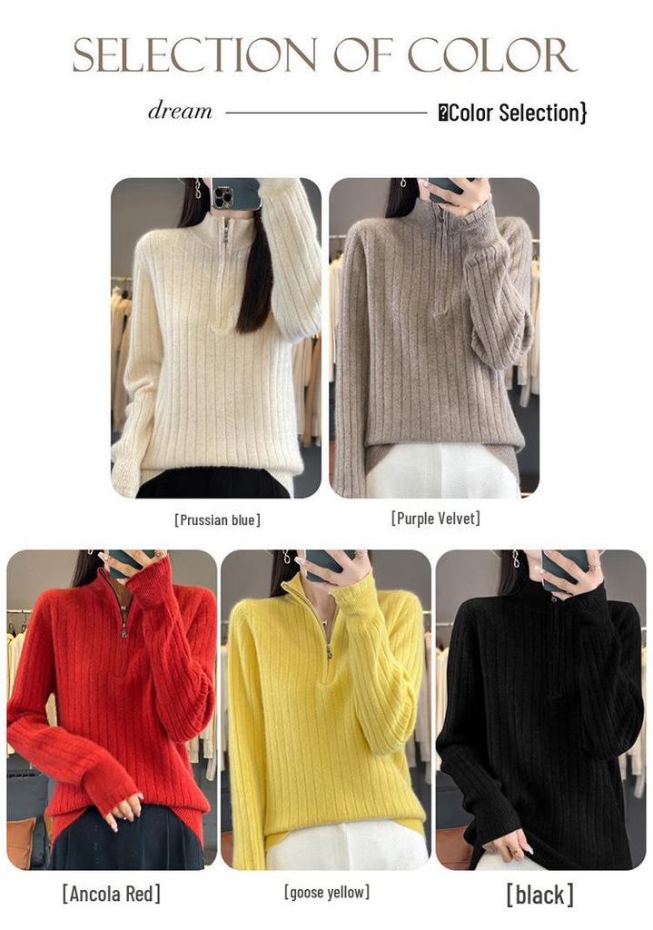 Women's Heavy-Duty Half-Zip Cable Knit Wool Sweater - Warm, Thickened Stand Collar for Autumn & Winter