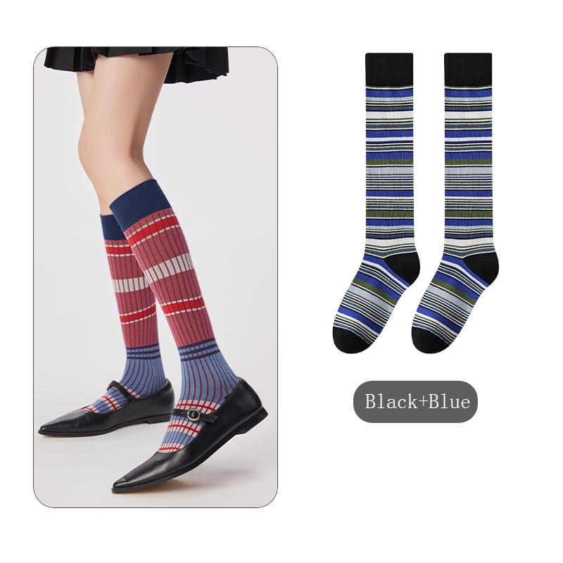 Autumn/Winter Women's Knee And Calf Mid Length Socks Retro Colorful Horizontal Stripes Leg College Style Pure Cotton Stockings