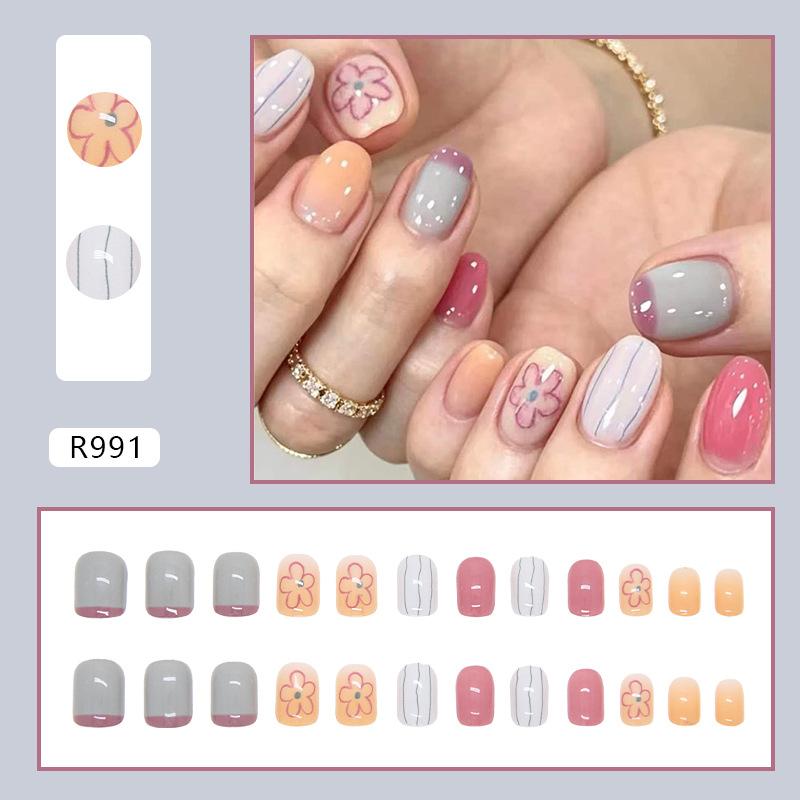 Colorful Summer Dopamine Contrasting Color Korean Candy Floral Press-On Nails, Romantic Girlish Removable False Nail Art 24 Pcs