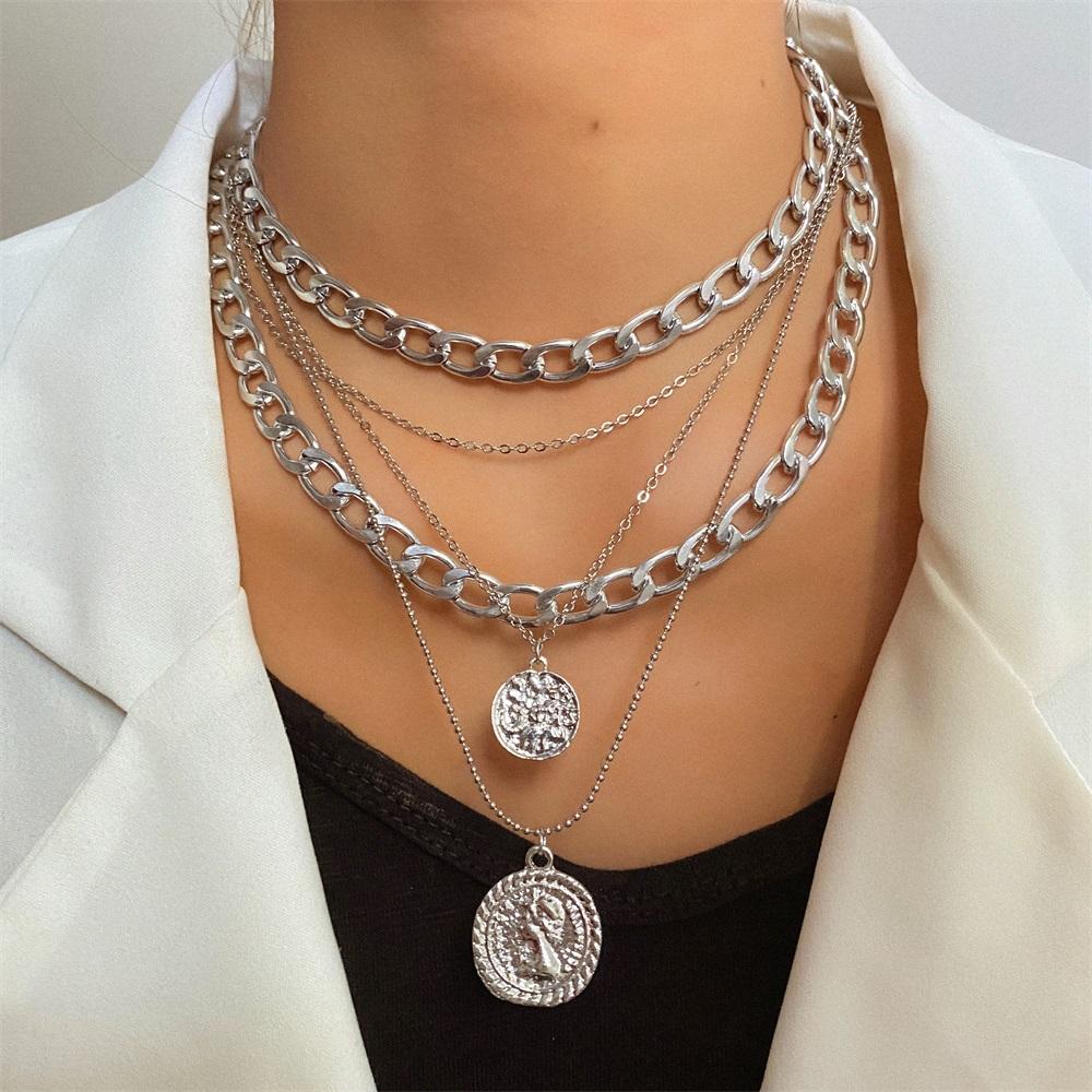 Fashion Thick and Thin Chain Multi-layer Necklace for Women Men Punk Figure Circular Pendant Necklace Vintage Jewelry