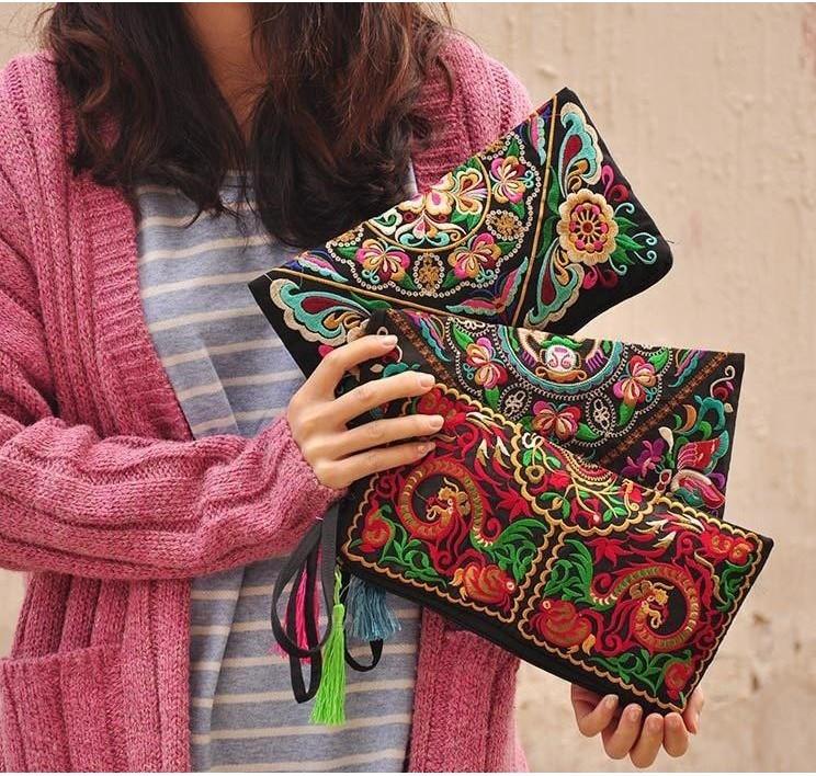 Этнический вышитый длинный кошелек с кисточкой, полиэстеровая ткань, ретро-стиль Random 1pcs