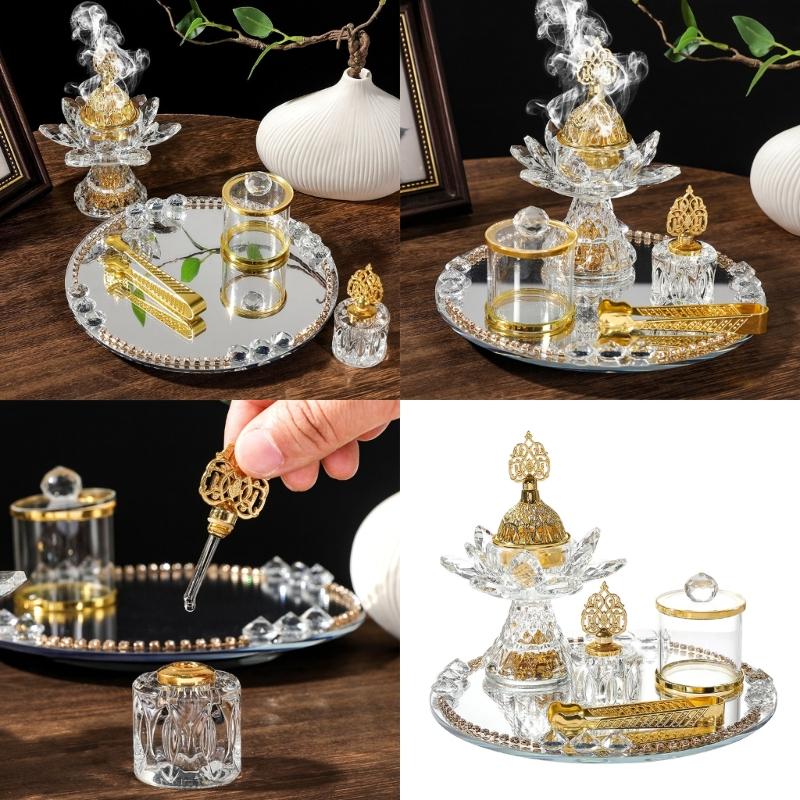 Glass Incenses Holder Set With Golden Arabic Pattern Flower Burners And Mirrored Tray Jar Tongs Spiritual Gathering Kits