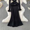 Autumn Winter Women Elegant V-neck Knitted Sweater Metal Button Christmas Party Long Midi Fishtail Dresses