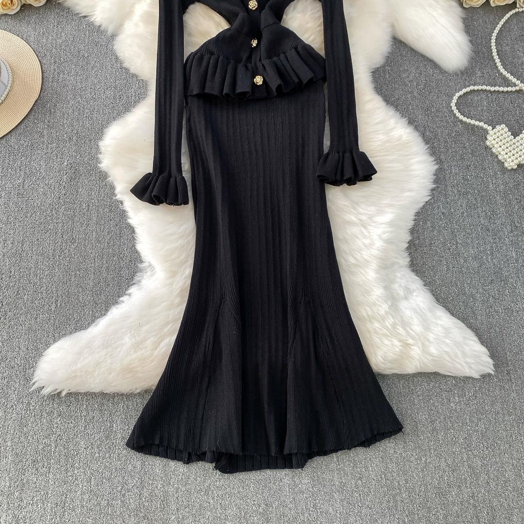 Autumn Winter Women Elegant V-neck Knitted Sweater Metal Button Christmas Party Long Midi Fishtail Dresses