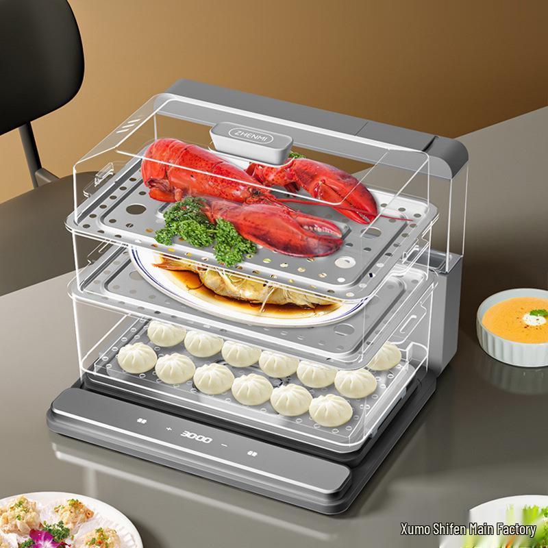 Electric Folding Steamer: Three-Layer, Transparent, Multi-Functional, Large Capacity Household Cooker Standard