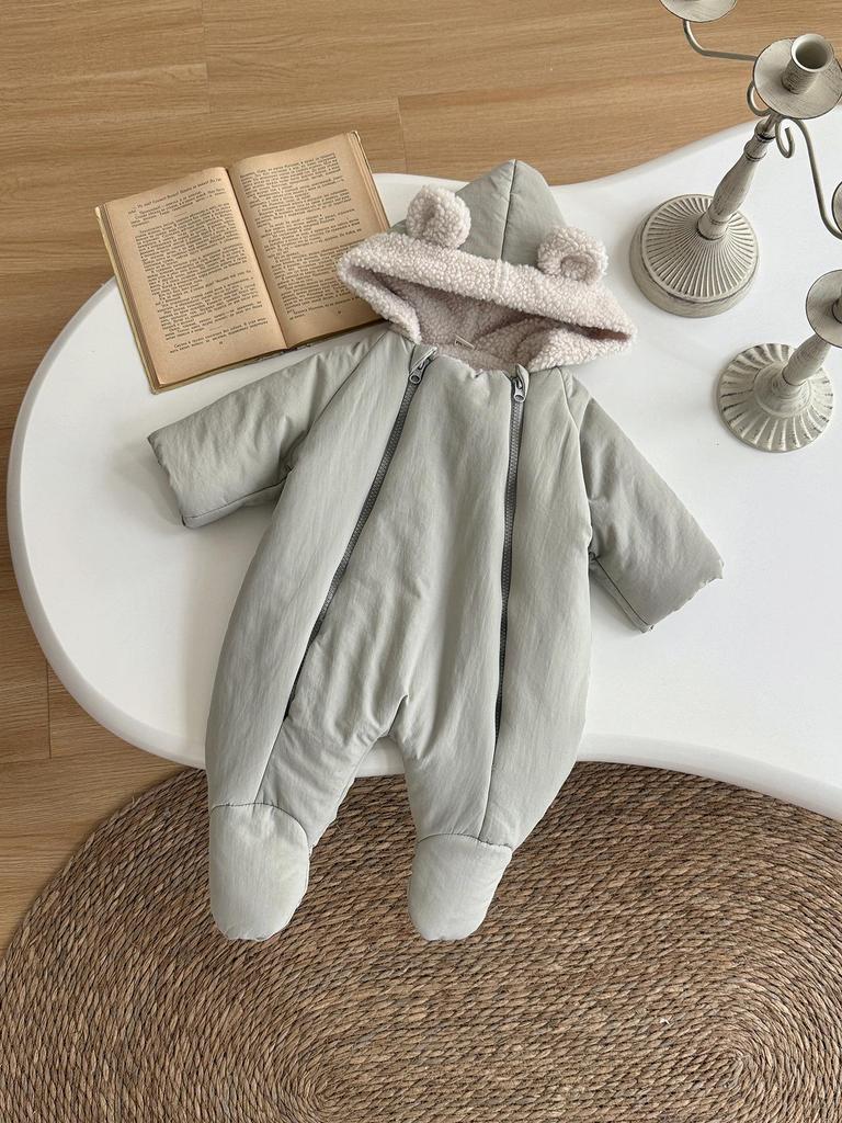Baby Unisex Velvet Warm Hooded Bodysuit - Long Sleeve, Ears, Autumn/Winter One-Piece