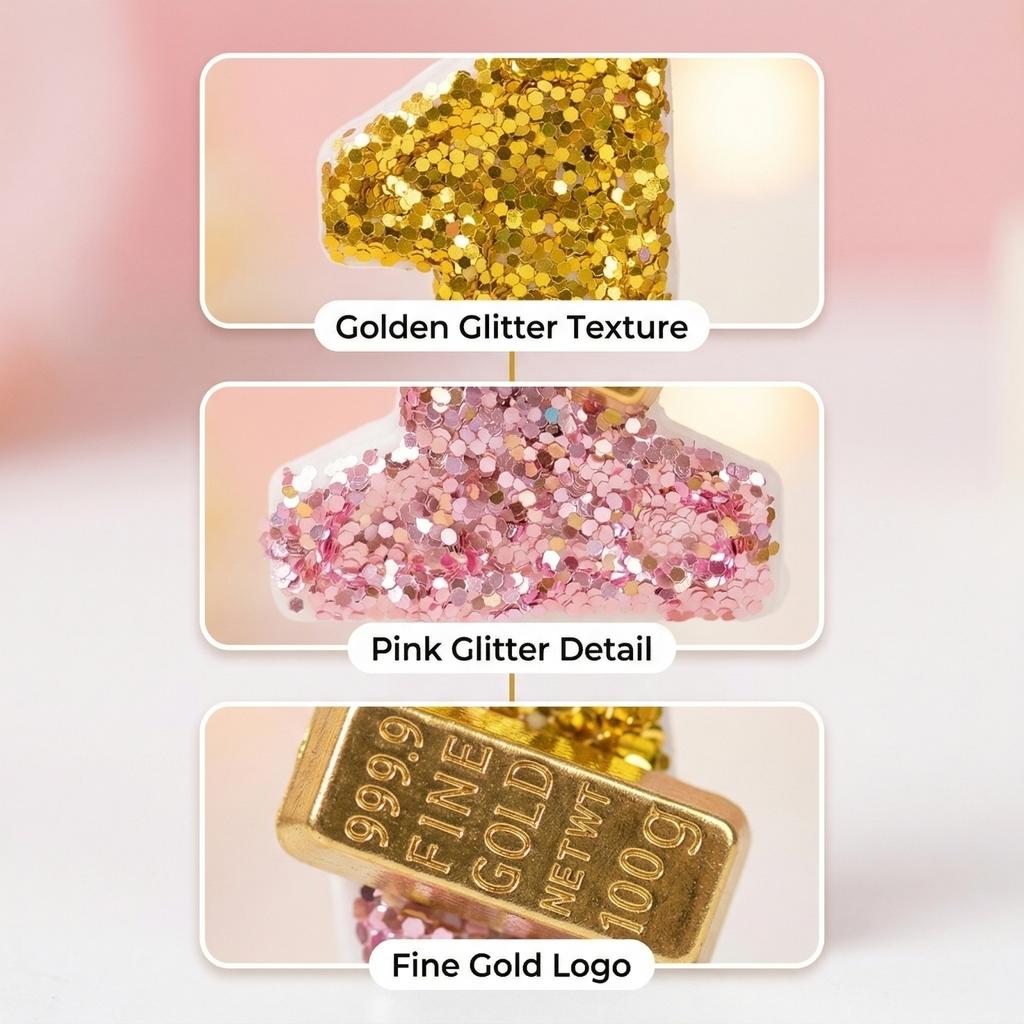 Number One Shaped Glitter Birthday Candle for Cake Decoration Suitable for First Anniversary and Celebration Events