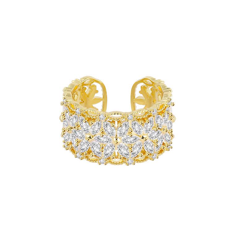 Elegant Retro Floral Zircon Ring Gold-Plated for Women - High-End Light Luxury Jewel Adjustable Open Size