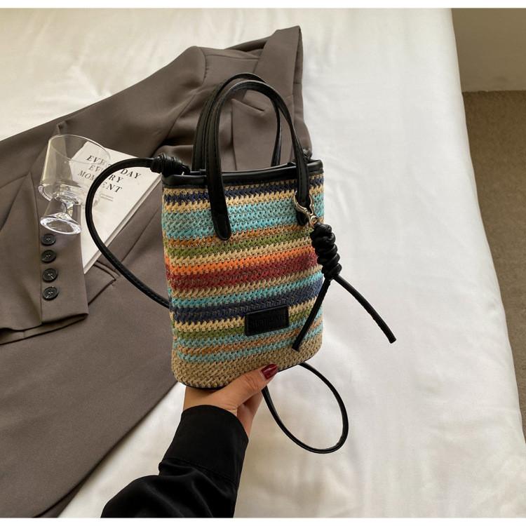 IELGY Straw Messenger Bag Striped Portable Mobile Phone Bag
