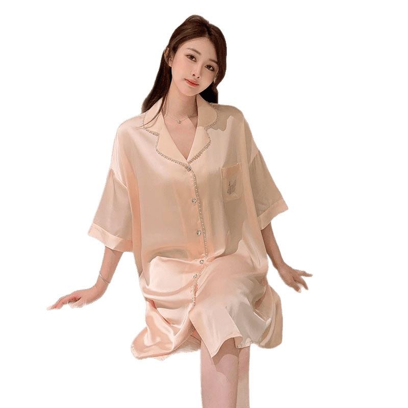 High-end Ice Silk Nightdress Women's Summer Thin Short-sleeved Cartoon Cardigan Pajamas Ice and Snow Silk Outer Wear Silkworm Weiss