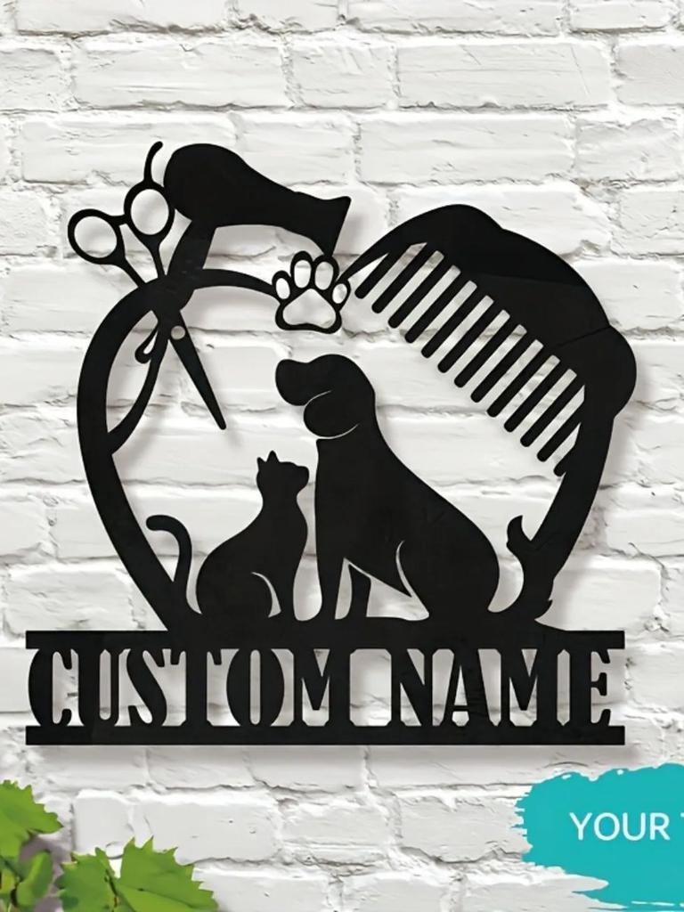 Customizable Dog Grooming Metal Sign, Elegant Pet Stylist Wall Art, Durable Fashion Mural