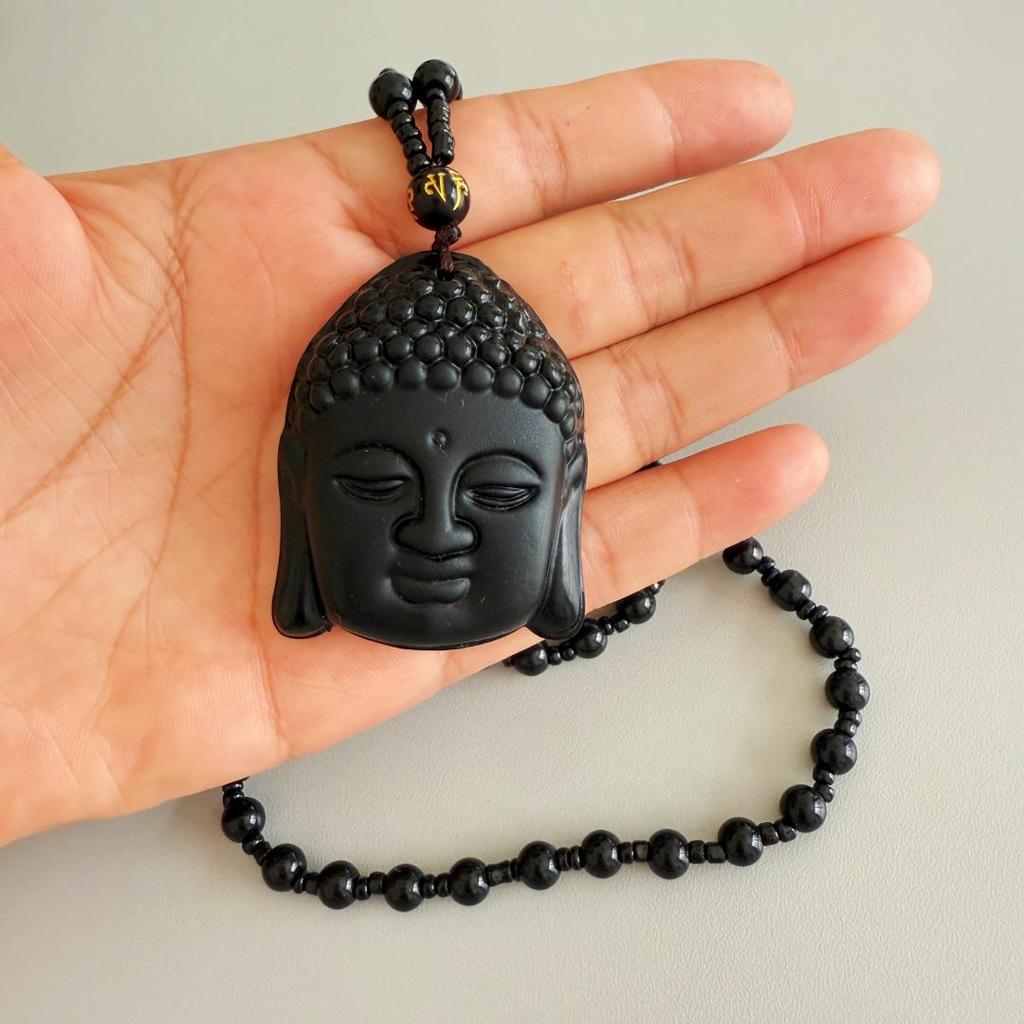 Black Obsidian Buddha Head Necklace with Green Buddha Pendant