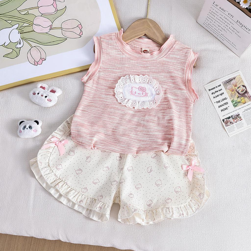 Girls Summer Sweet Cat Lace Camisole And Printed Shorts Two Piece Set 90