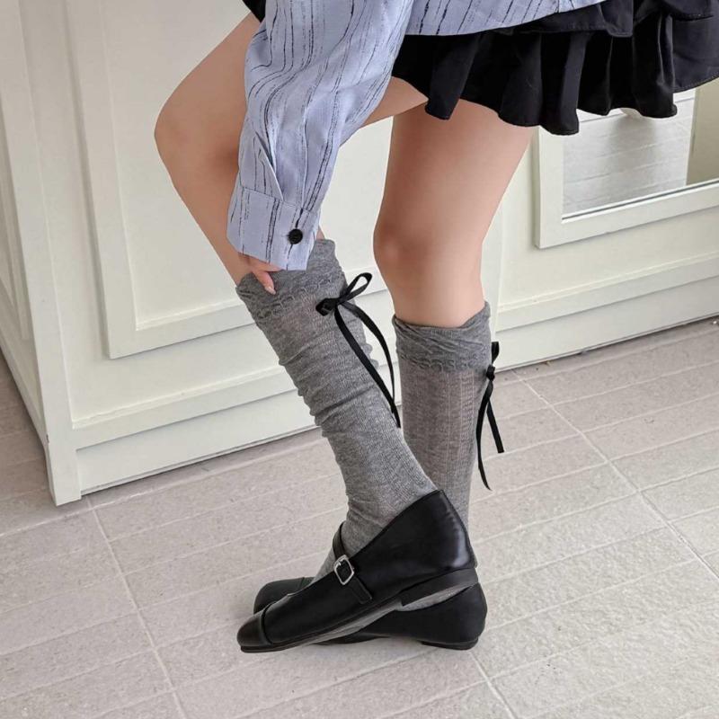 Spring and Summer Lightweight Ankle Socks for Women with A Bow At The Heel, Long Tube Socks In Ballet Style, Pure Cotton, Beautiful Leg Coverings