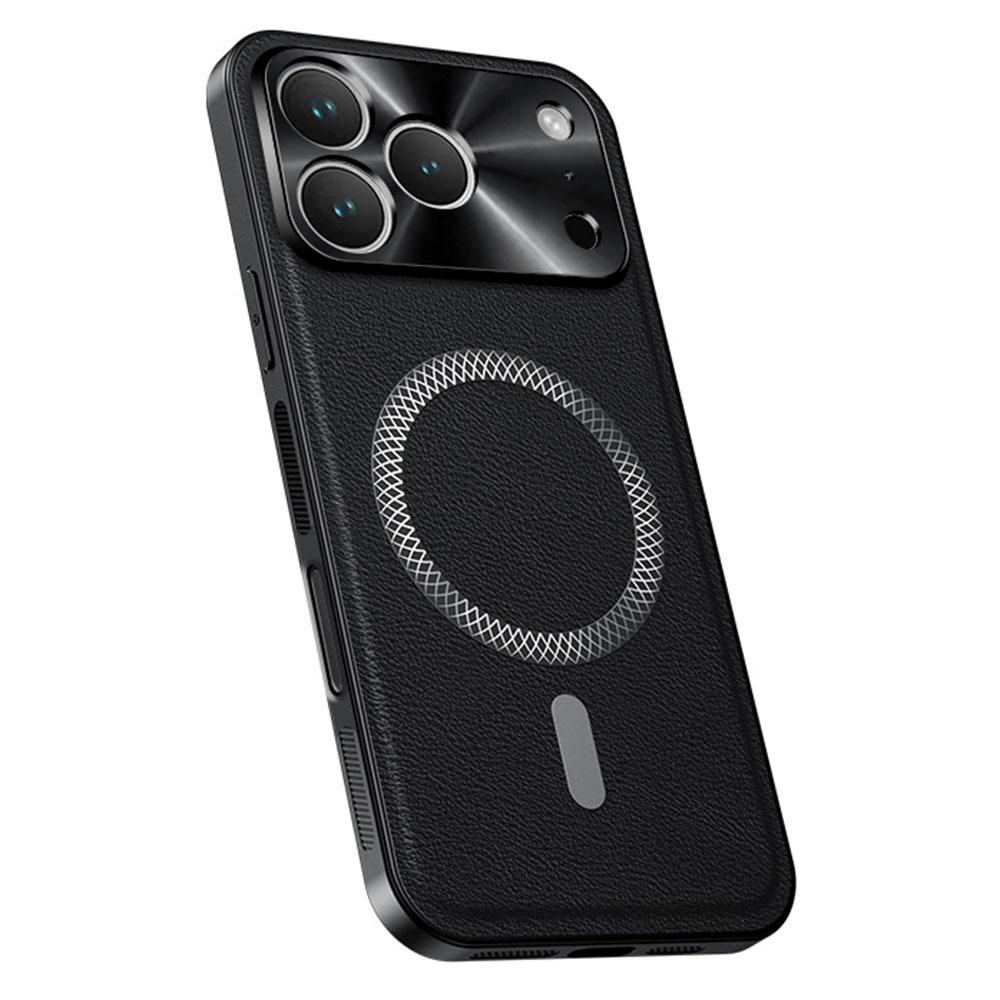 

For iPhone 17 Pro Max Case Compatible with MagSafe PU TPU PC Phone Back Cover with Metal Lens Frame
