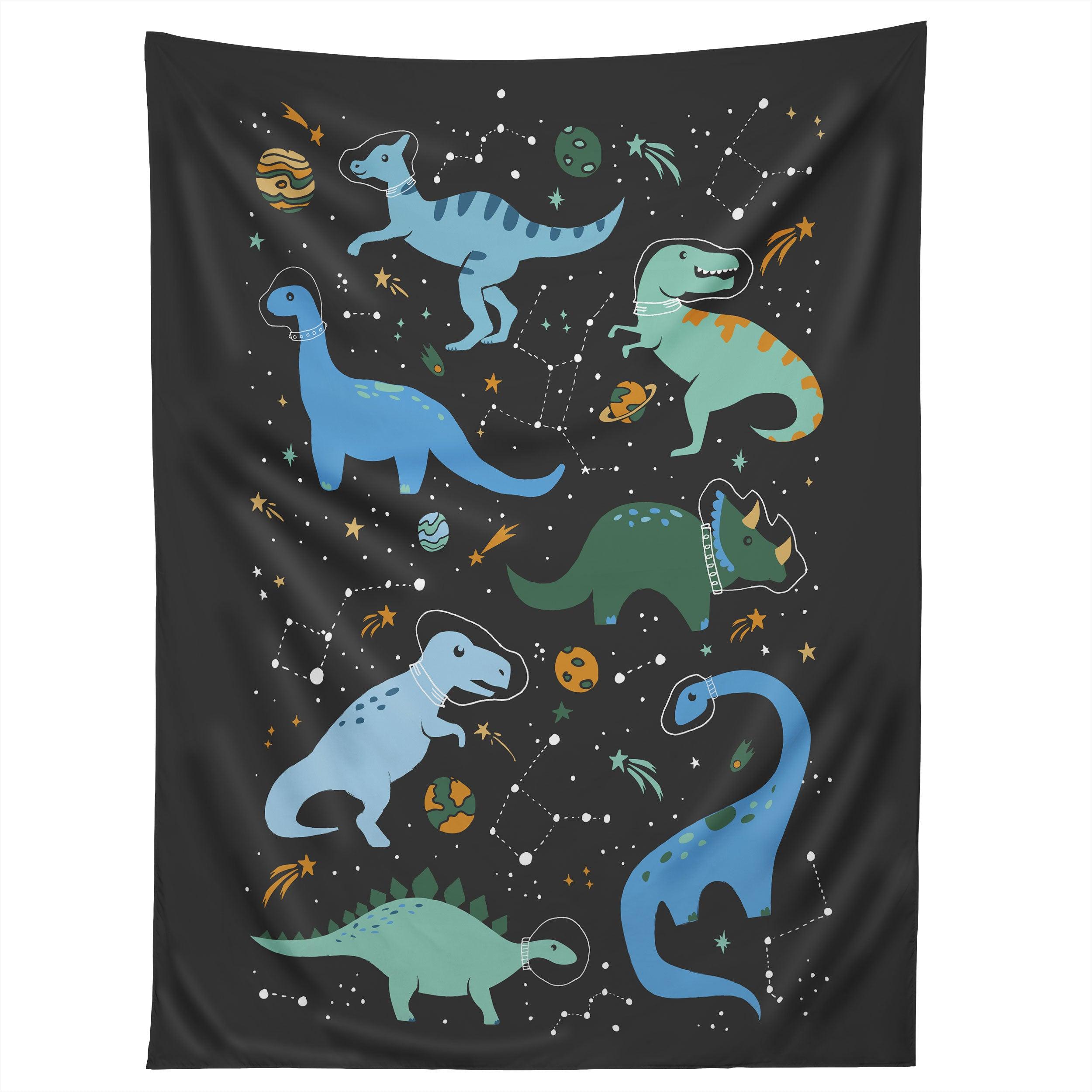 DINOSAURS IN SPACE IN BLUE tapestry 75x100