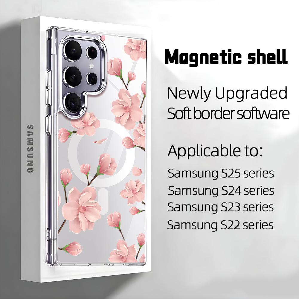 Gentle wind powder magnolia magnetic suction transparent Samsung S26 mobile phone case S25Plus anti-drop protective case