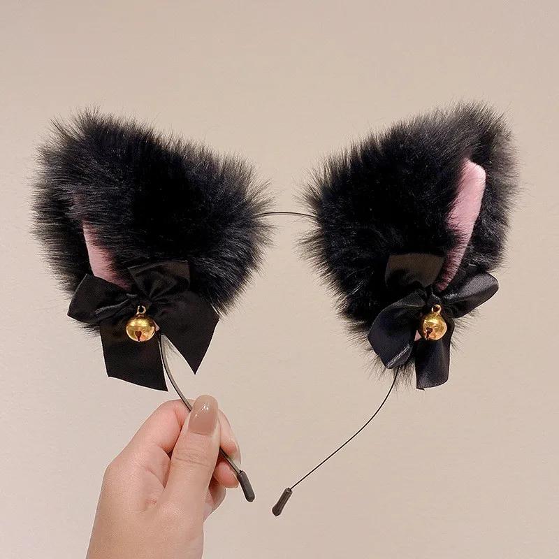 Plush Lace Cat Ears Bell Hair Band for Women Elegant Girl Headband Party Cosplay Hair Accessories