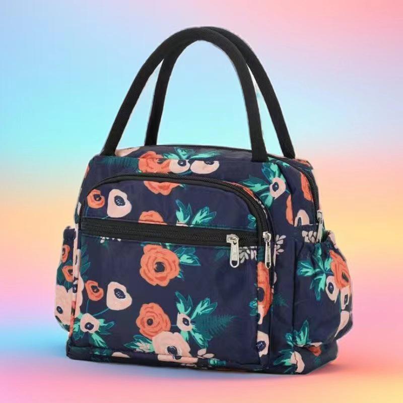 Floral Multi-Zipper Lunch Handbag: Oxford Cloth Mommy Bag with Mobile Pocket
