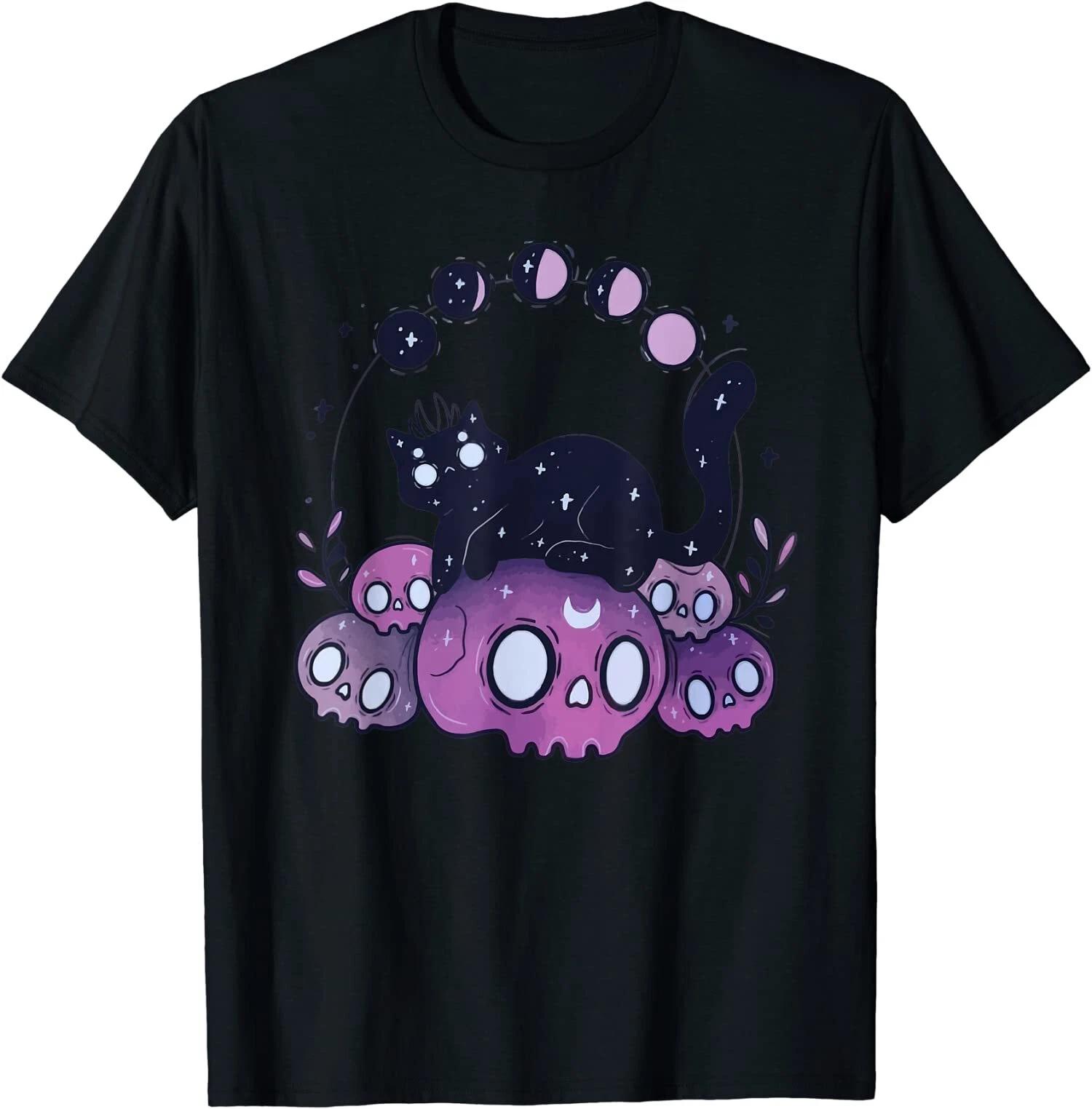 Kawaii Pastel Goth Art Cat and Skull Moon Phases Tattoo T-Shirt XS