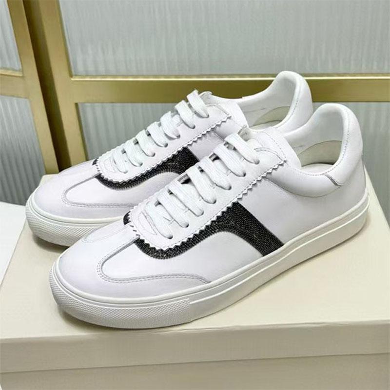 New Sneakers Women Genuine Leather String Bead Chain White Shoes Round Toe Lace Up Walk Shoes Comfort Casual Flat Shoes Woman 35