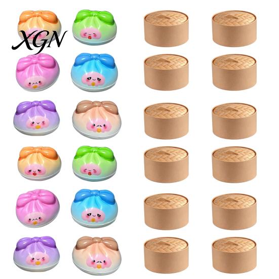 Portable Stress Reliever 12Pcs Cartoon Bow Dumpling Squeeze Toy with Steamer Box, Slow Rebound Decompression Steamed Bun Sensory Toy, Dough