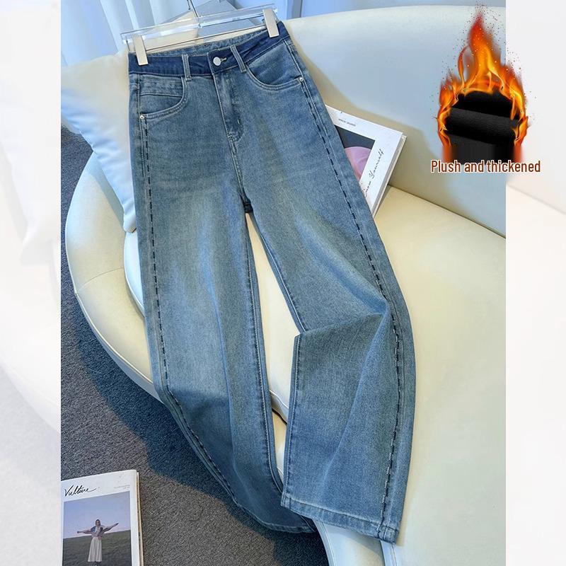 High-End Gray Fleece-Lined Wide-Leg Women's Jeans - Autumn/Winter 2024 Embroidered High-Waisted Loose Fit