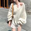 Lazy wind V-neck knitted sweater women's new autumn and winter wear loose and thin high-end long-sleeved top